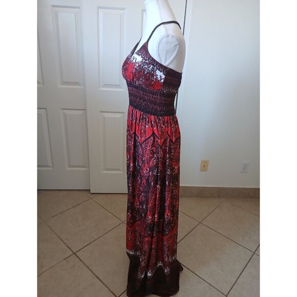 Takara Womens Maxi Dress Brown Red Paisley Print Sleeveless Ruched Medium Boho - Picture 2 of 12